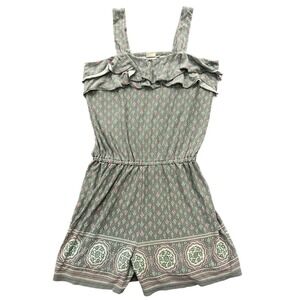 Mudd Shorts Romper Girls XL Green Pink Floral Pattern Ruffled Neck Elastic Waist